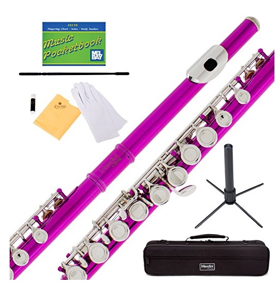 Mendini Fuschia Pink Closed Hole C Flute with Stand