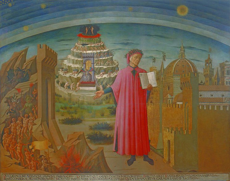 La Divina Commedia di Dante (1465) by Domenico di Michelino. Fresco in the dome of the church Santa Maria del Fiore in Florence.