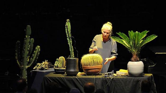 Robyn Schulkowsky leads John Cage’s Branches for amplified cactuses and plants at the BBC Proms. Photo: BBC/Chris Christodoulou