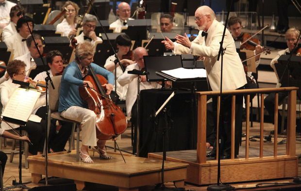 John Williams and BSO Associate Principal Cellist Martha Babcock performing "Memoirs of a Geisha" during Film Night at Tanglewood on Aug, 2, 2014 (BSO photo | Hilary Scott).