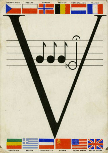 V for Victory postcard with musical quotation from the opening of the Fifth Symphony and flags of the Allied forces