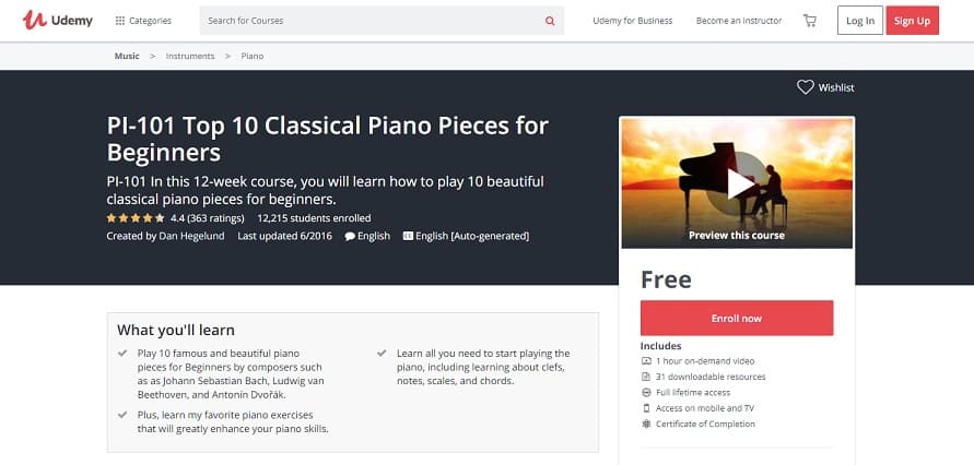 Udemy Course 4 Classical Piano Lessons for Beginners