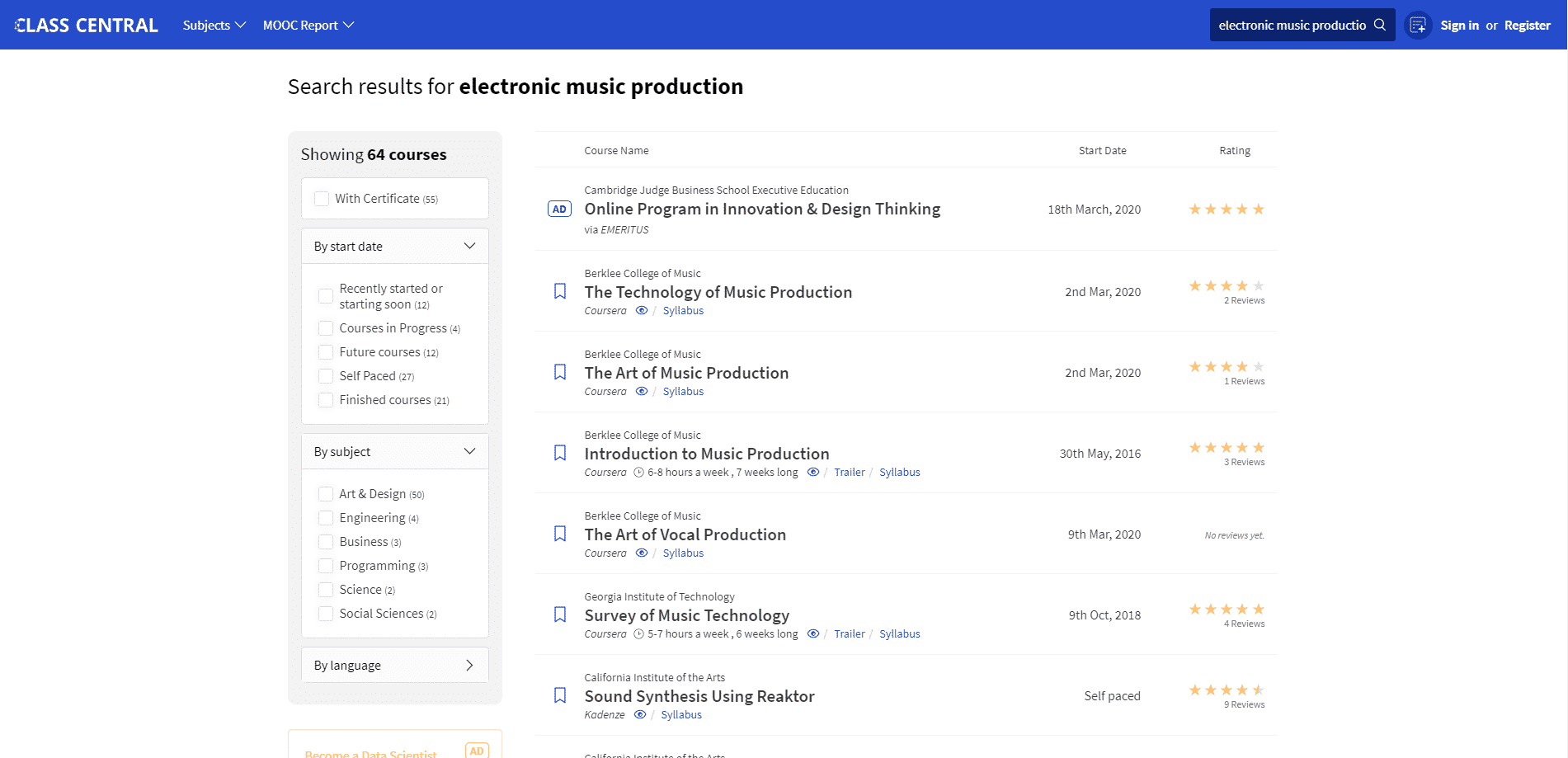 Classcentral.com Learn Electronic Music Production Lessons Online