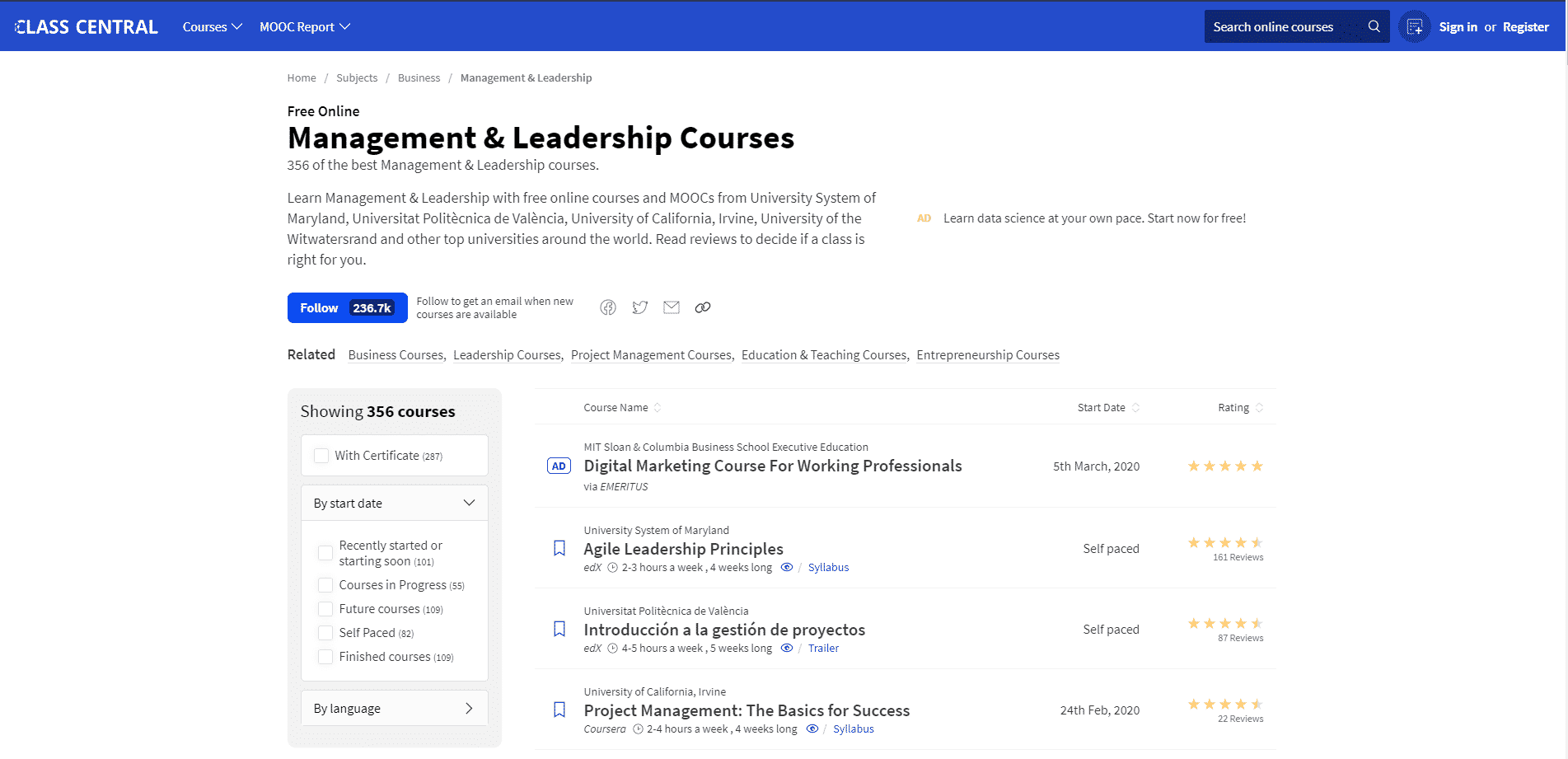 Classcentral.com Learn Leadership Lessons Online