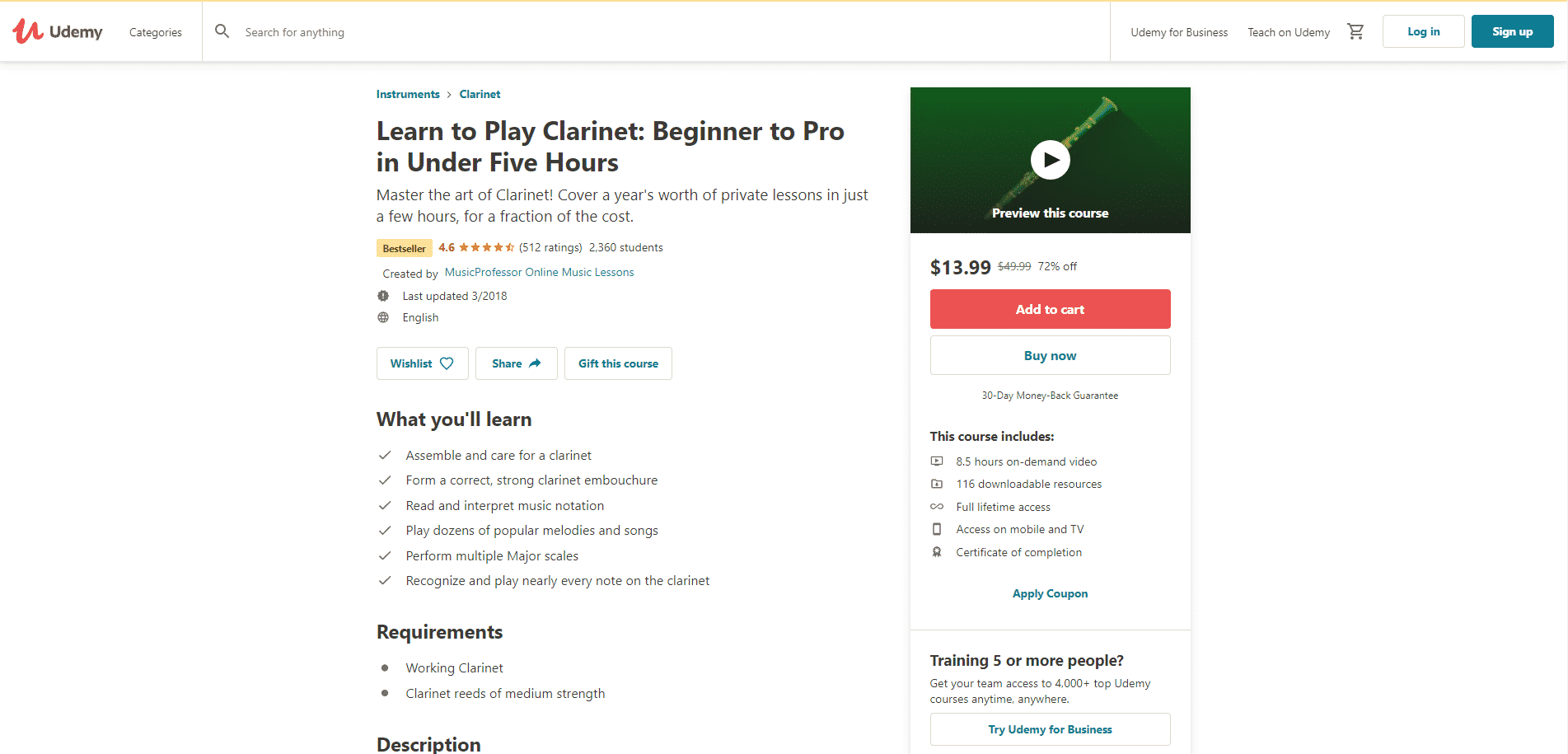 Udemy Course 1 Clarinet Lesson Online