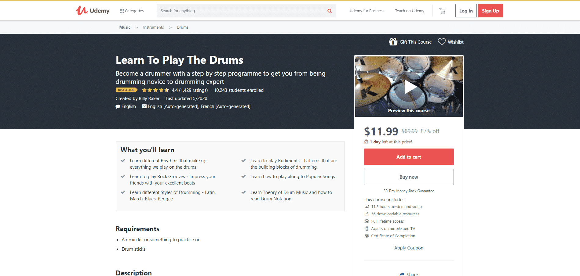 Udemy 1 Drum Lessons for Intermediate Online