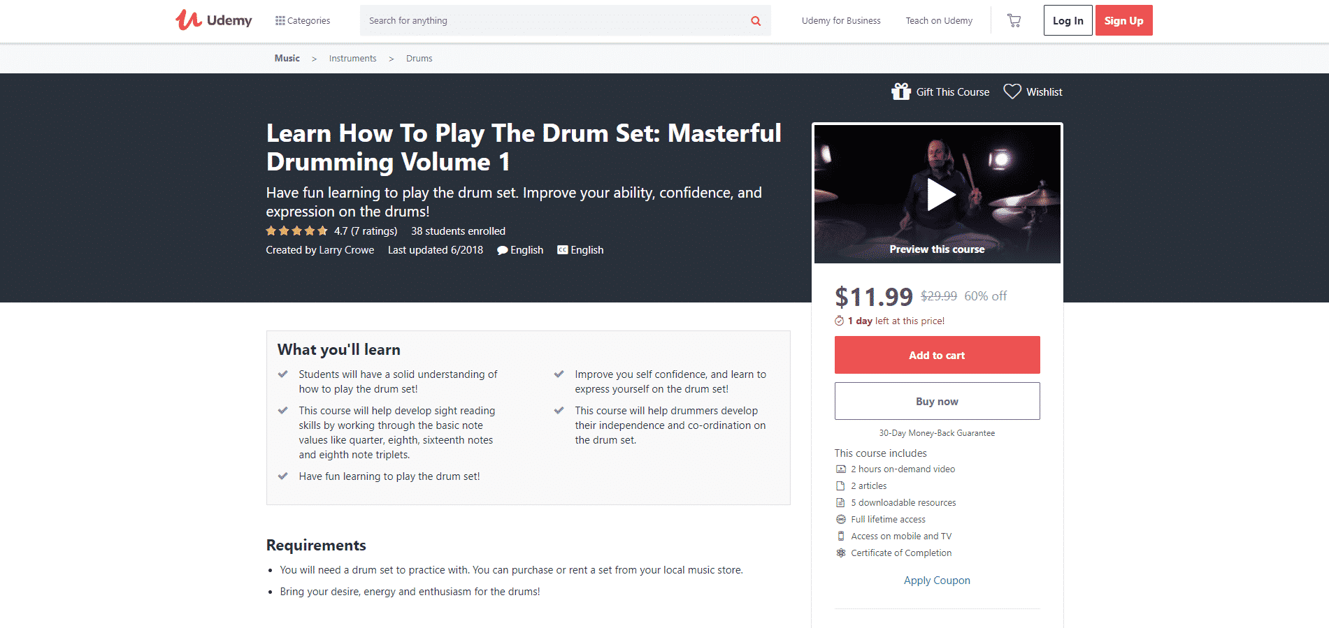 Udemy 2 Drum Lessons for Intermediate Online