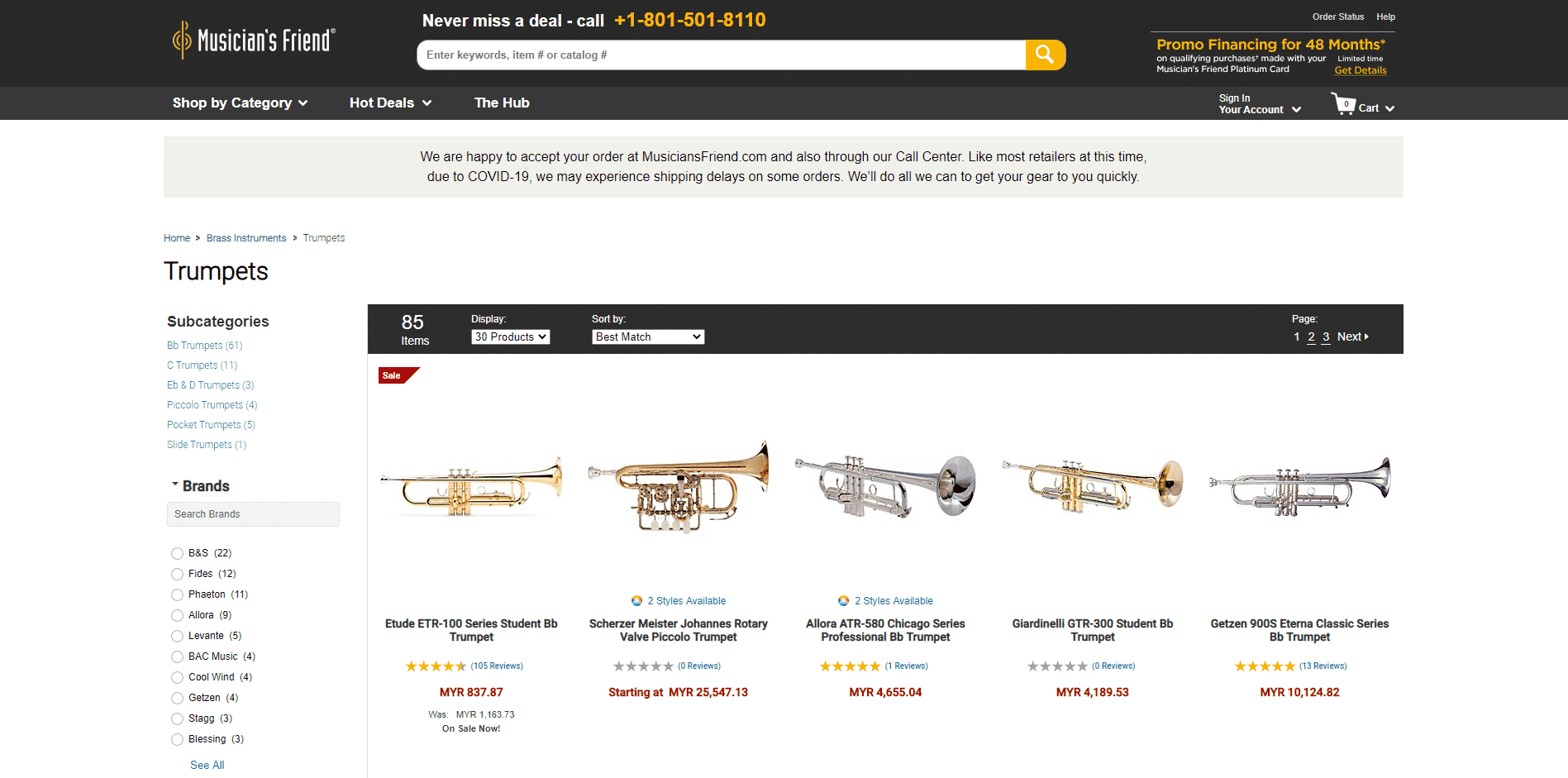 Musicians Friend buy Trumpets online