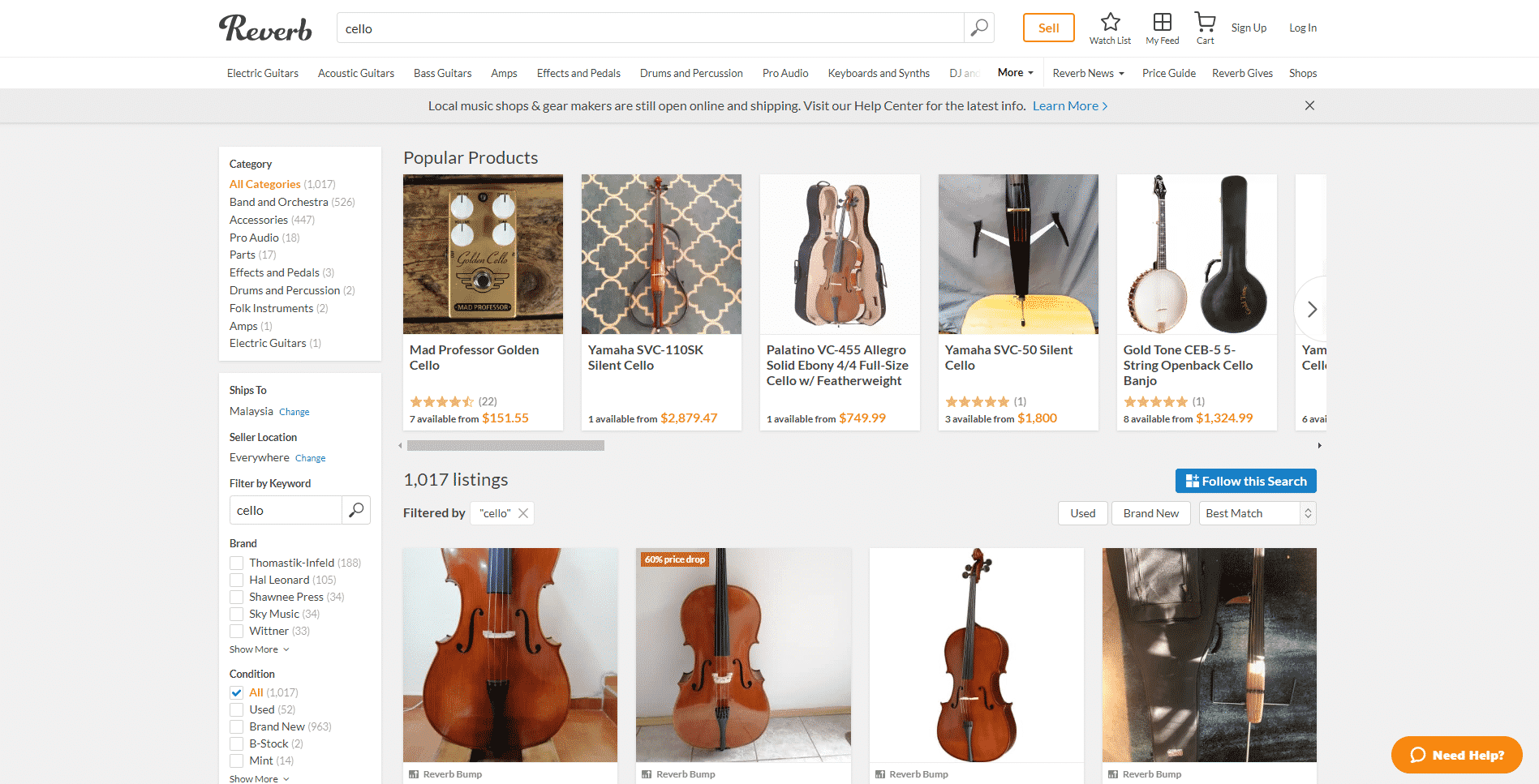 Reverb buy cello online