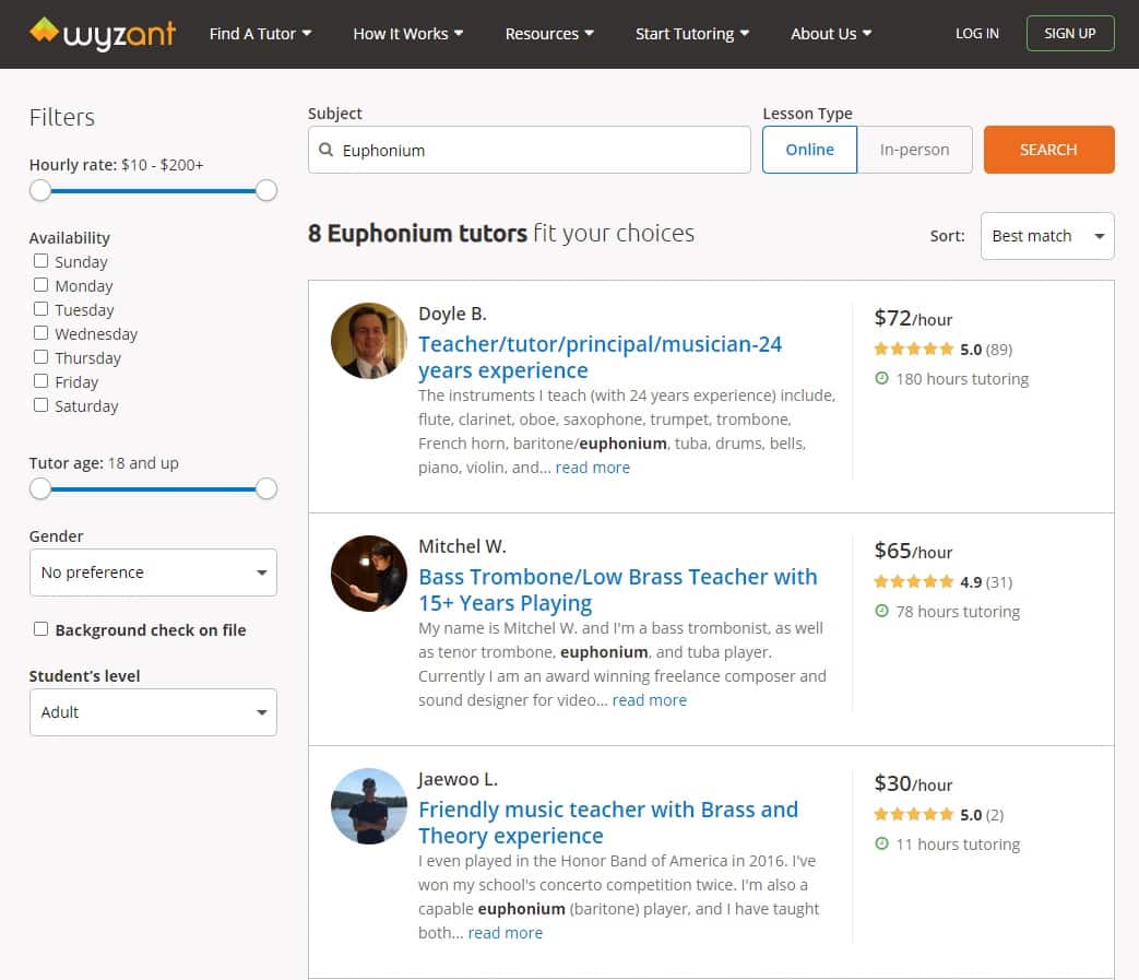 wyzant learn euphonium lessons online