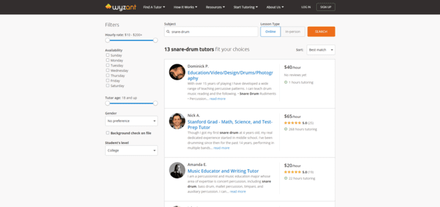 wyzant learn snare drum lessons online