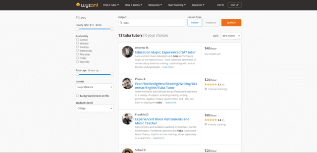 wyzant learn tuba lessons online
