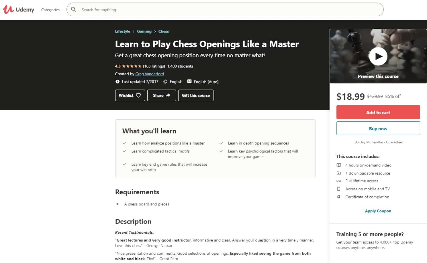 Udemy 8 Chess Lessons for Beginners