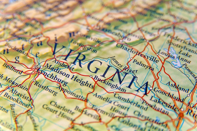 Geographic map of Virginia close up