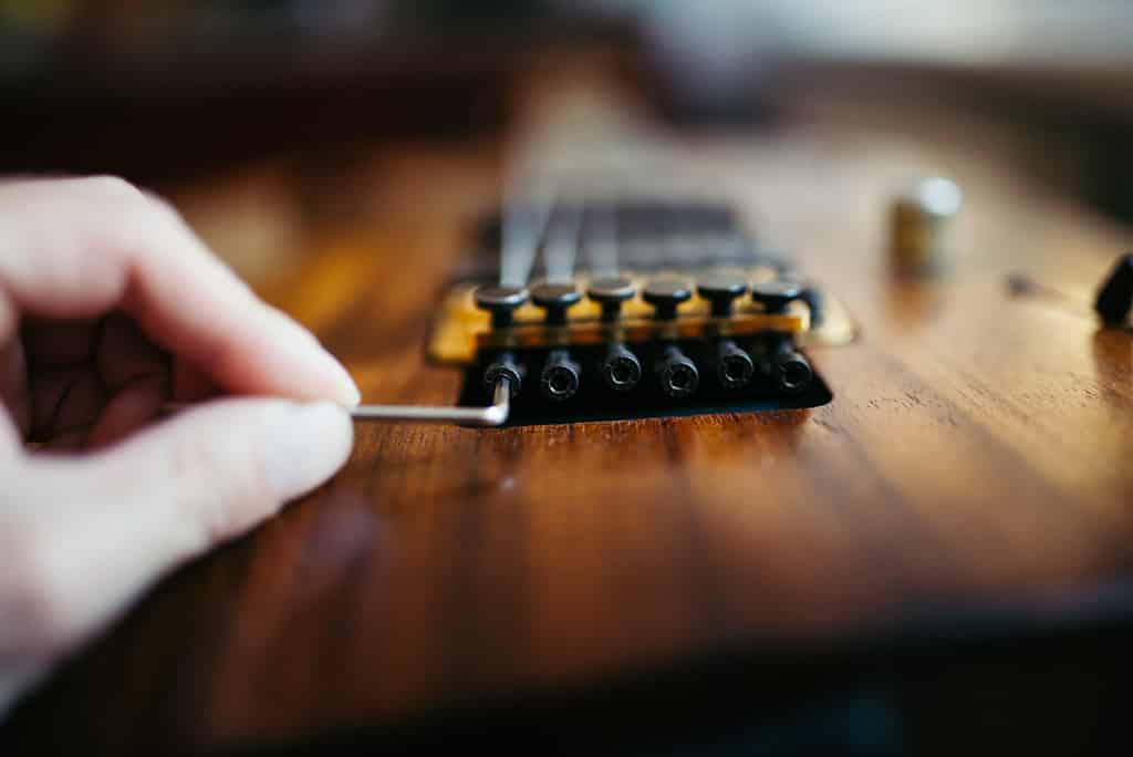 Closeup Floyd Rose settings on electric guitar