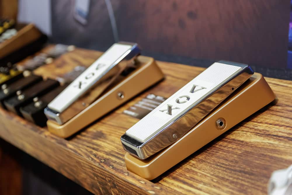 A view of Vox Wah pedals on display at a local music store