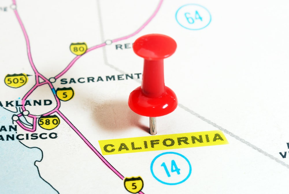 Close up of California state USA map with red pin
