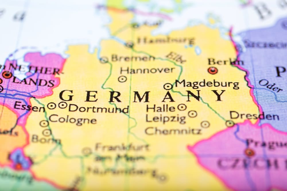 Close-up of colored map of Europe zoomed in on Germany