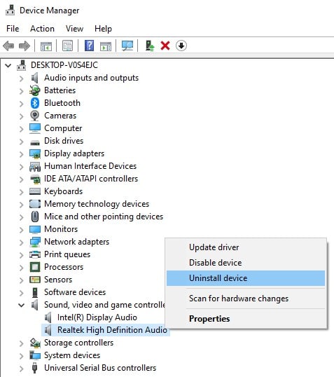 Uninstall Realtek High Definition Audio