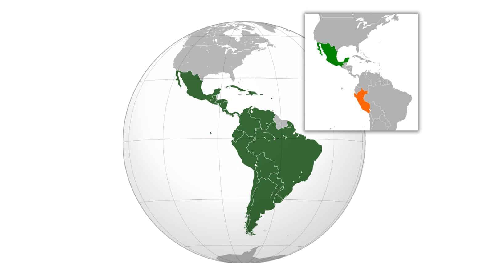 Orthographic Projection Showing Latin America - Insert Hightlights Mexico (green)  and Peru (orange)