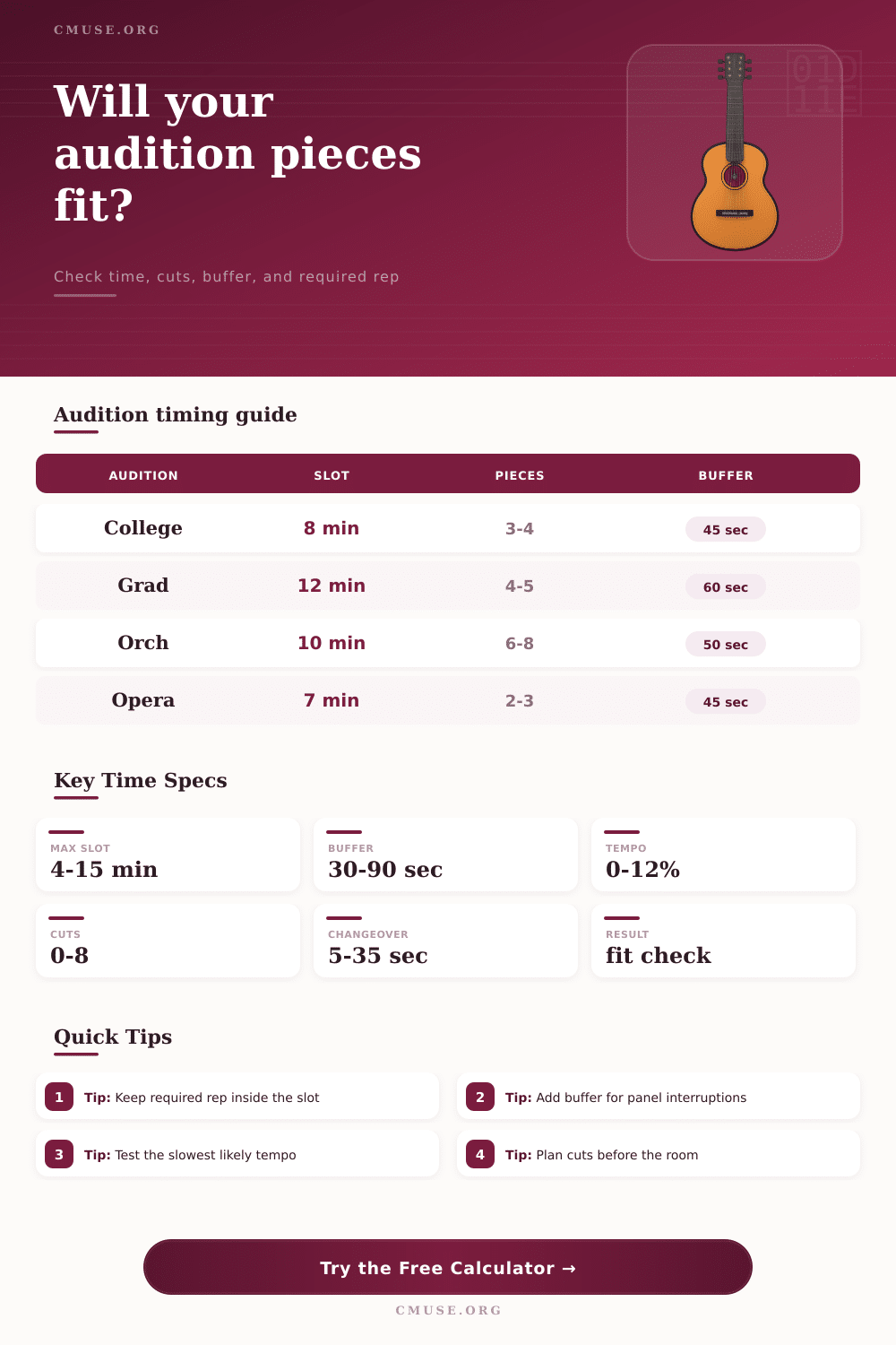 Audition Piece Time Fit Calculator
