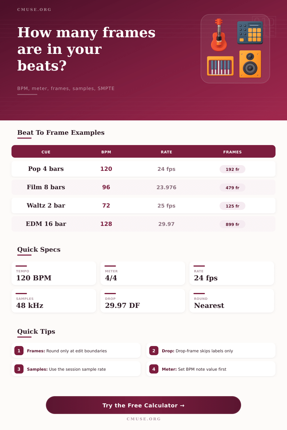 Beats to Frames Calculator | BPM, SMPTE & Samples