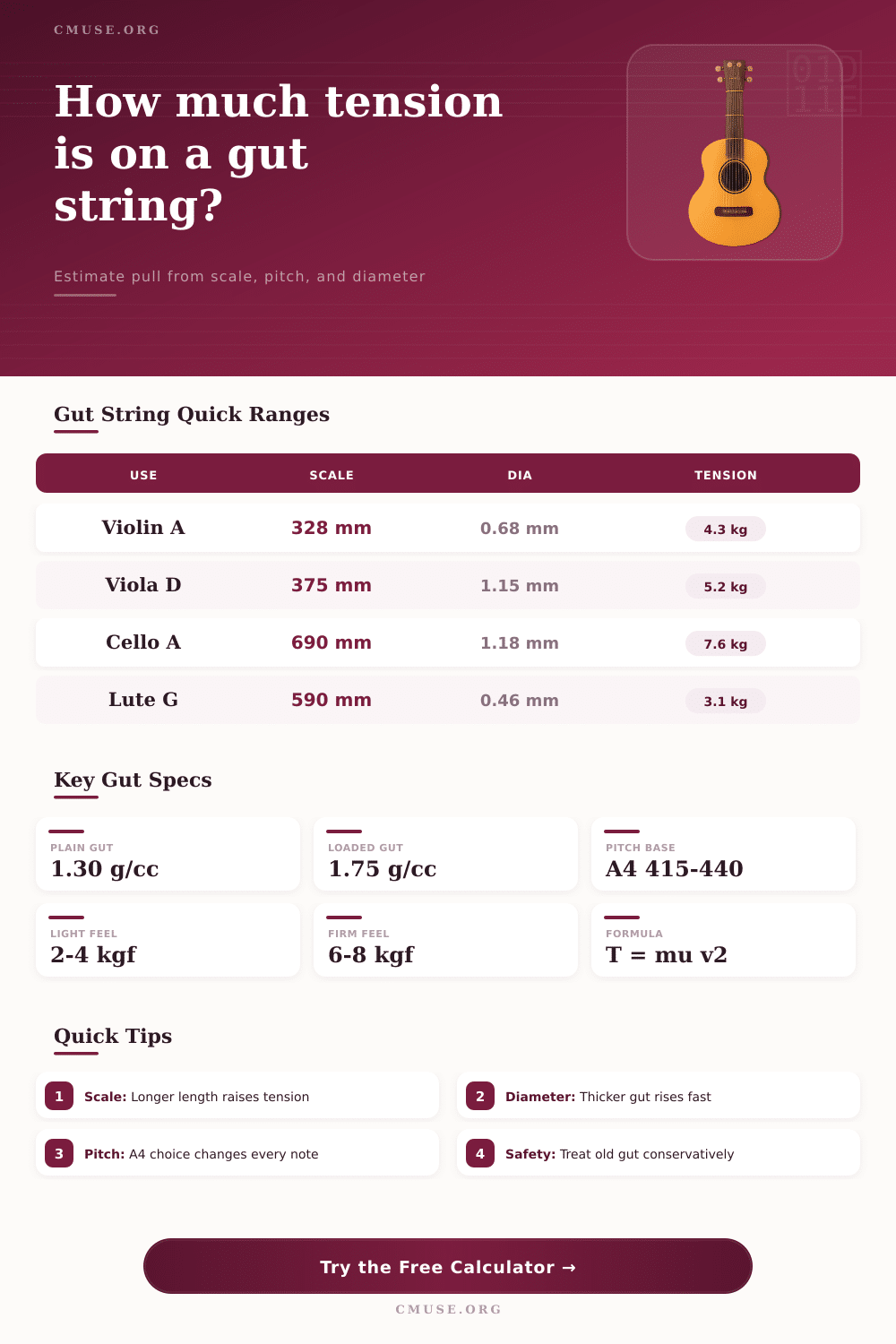 Gut String Tension Calculator for Instruments