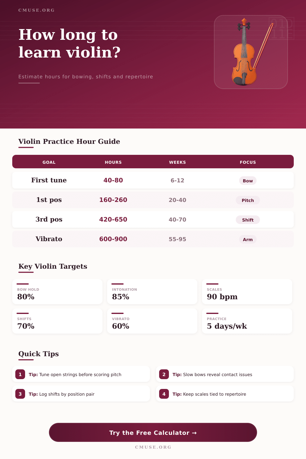 Practice Hours to Learn Violin Calculator