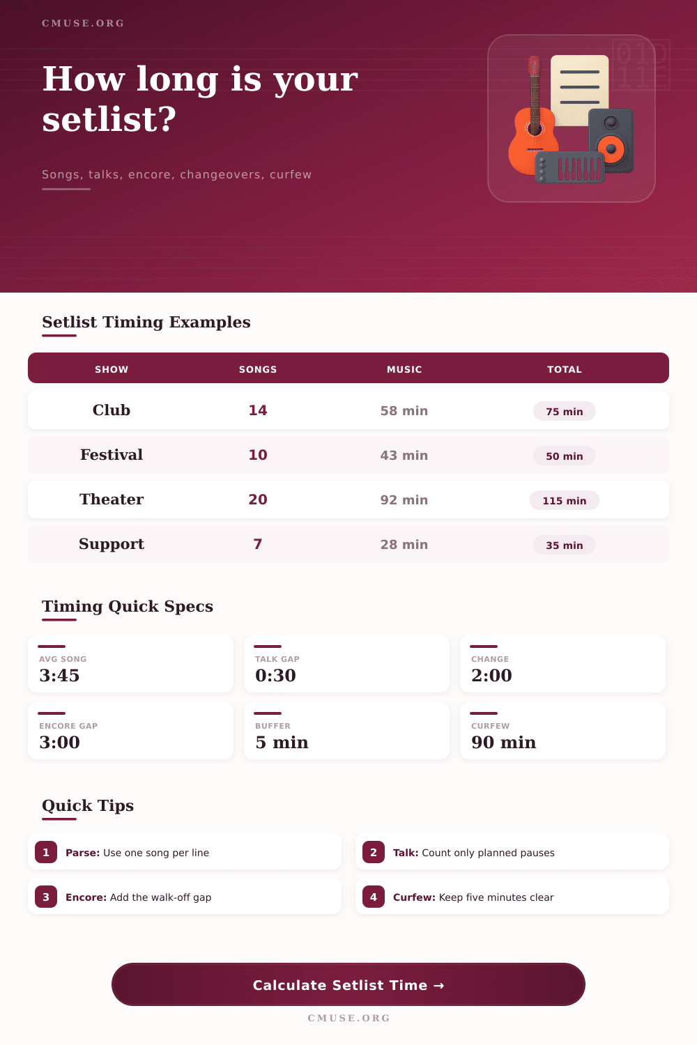 Setlist Total Time Calculator for Live Shows