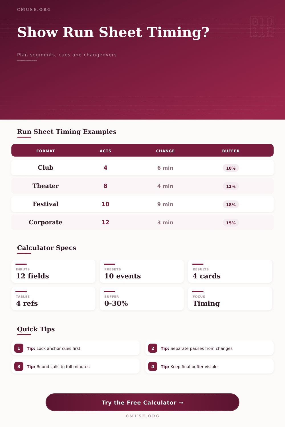 Show Run Sheet Timing Calculator