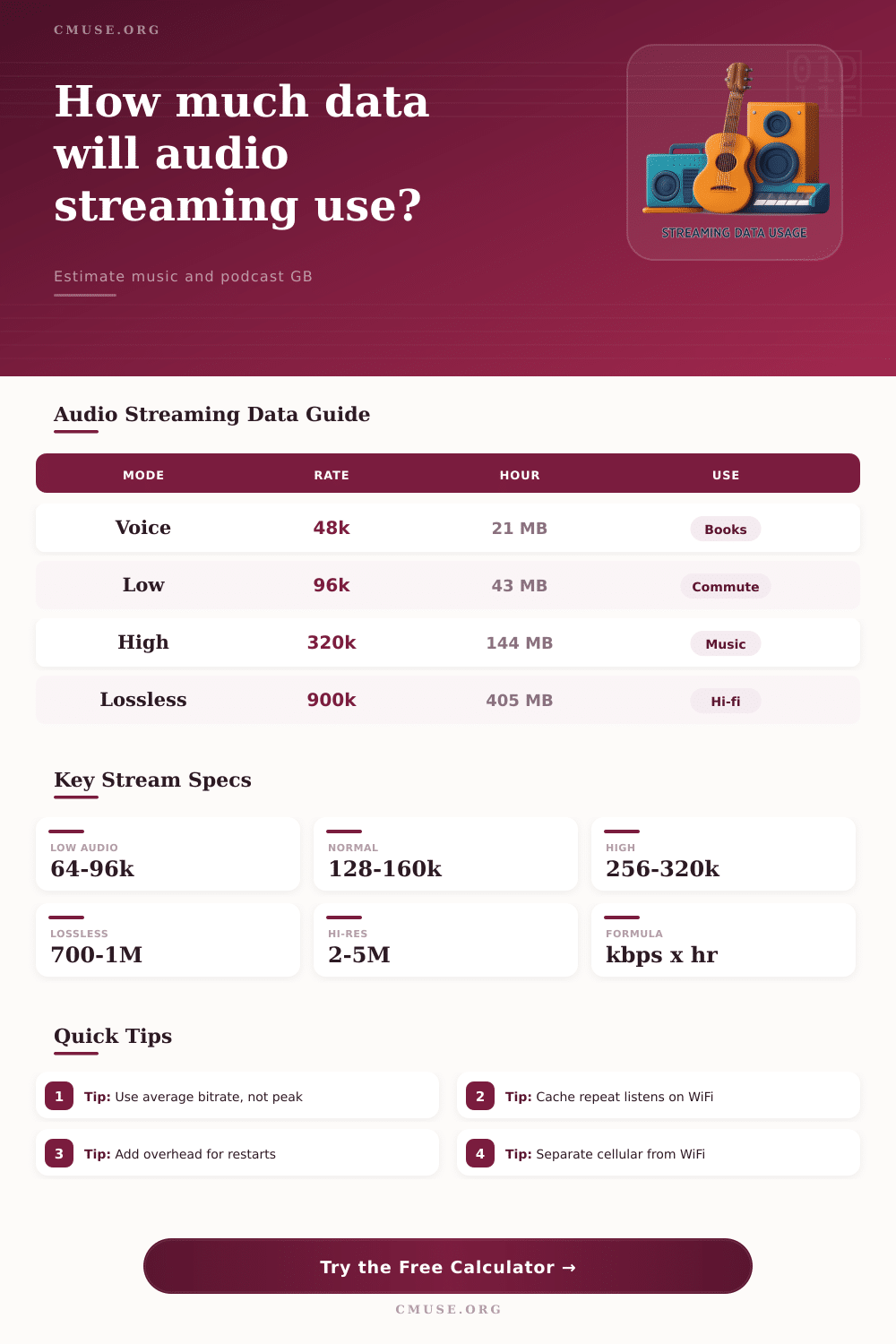 Streaming Data Usage Calculator for Audio