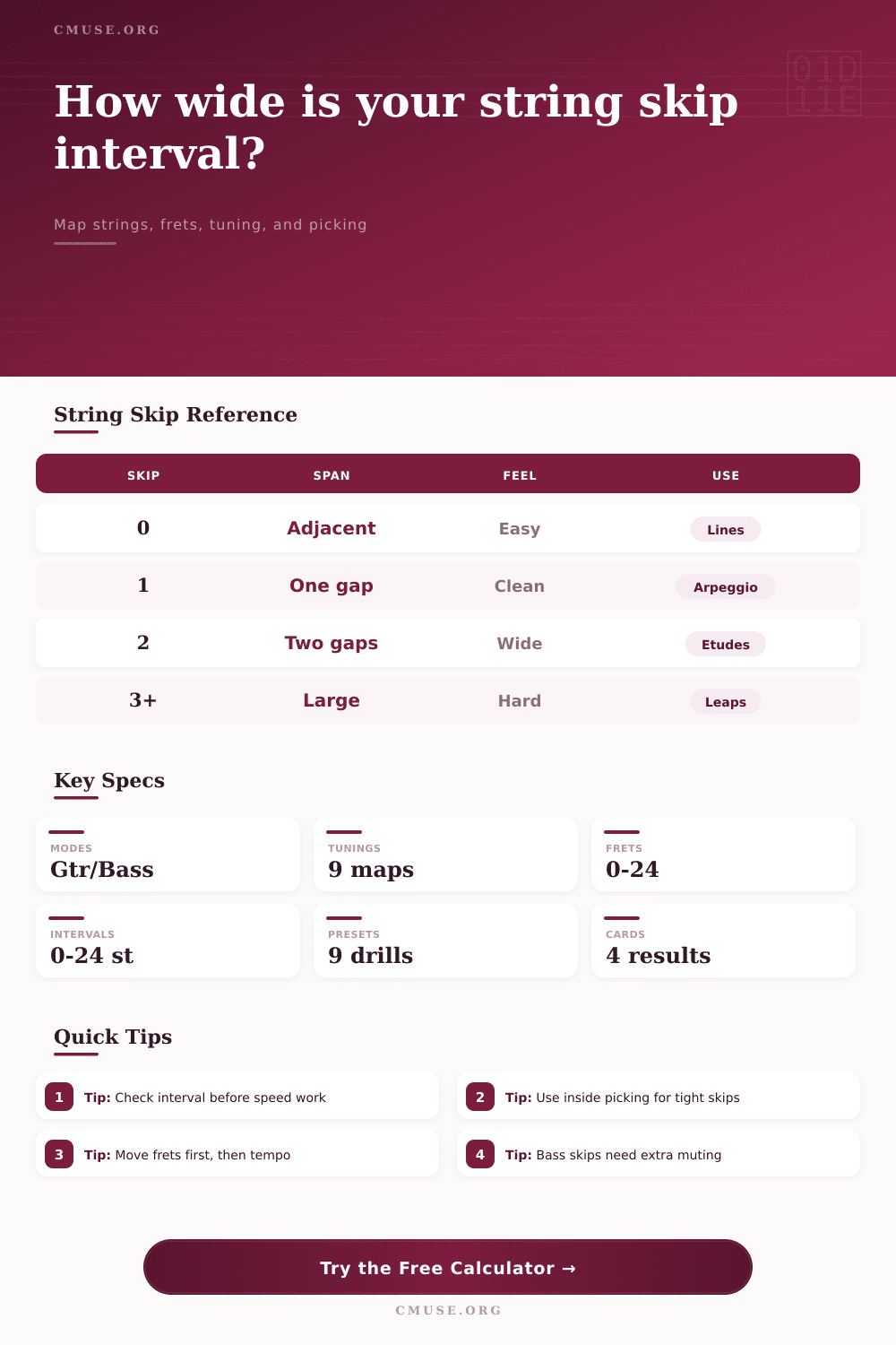 String Skip Interval Calculator for Guitar and Bass