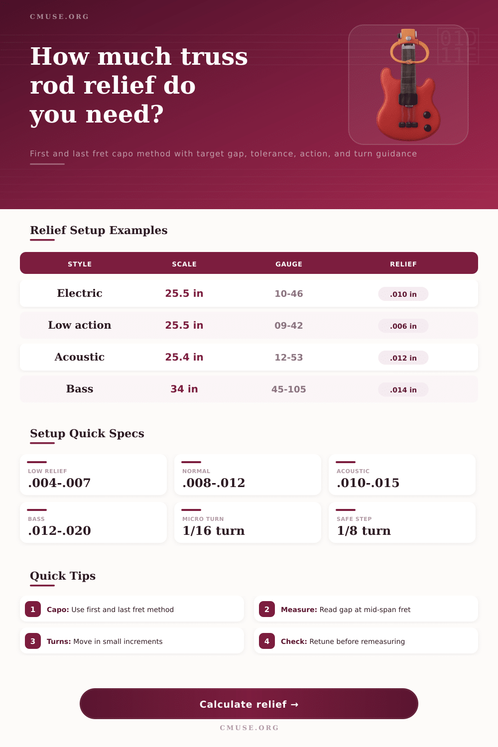 Truss Rod Relief Calculator for Guitar Setup
