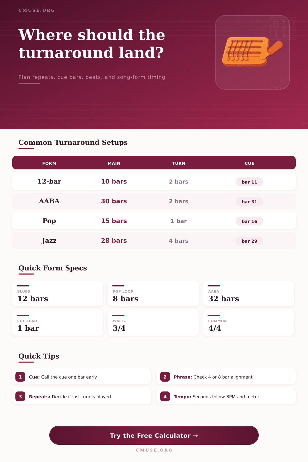 Turnaround Bar Calculator for Song Form Timing